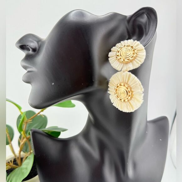 Ivory & Gold Double Disc Earrings — Elegant Boho Statement - Picture 3 of 10